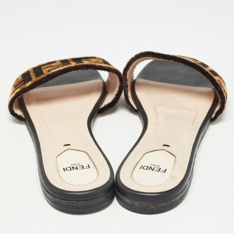 Pre Owned Fendi Brown Zucca Velvet Flat Slides Size 40
