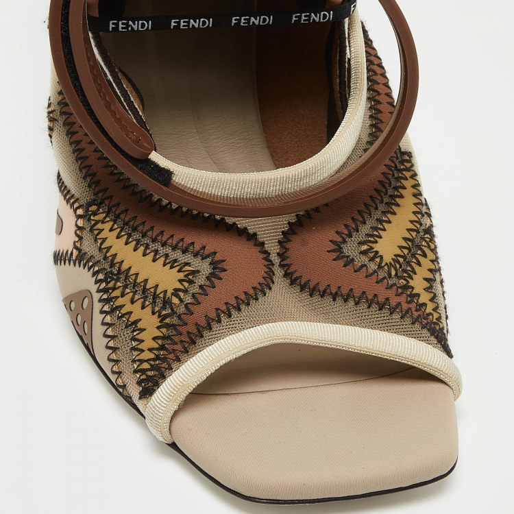 Pre Owned Fendi Beige Mesh and Canvas Evie Slingback Sandals Size 38.5