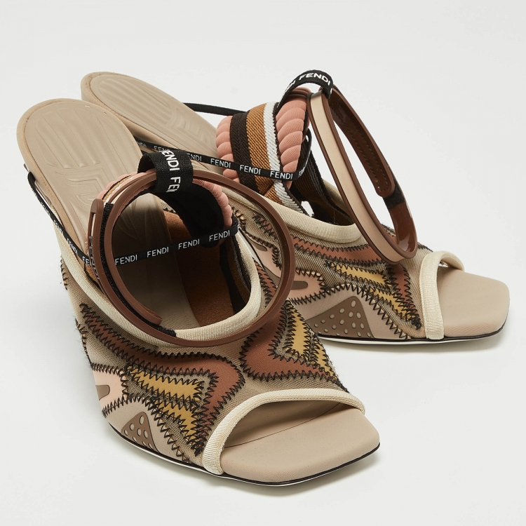 Pre Owned Fendi Beige Mesh and Canvas Evie Slingback Sandals Size 38.5