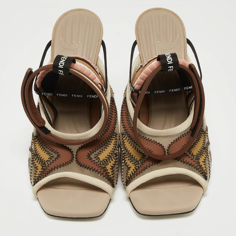 Pre Owned Fendi Beige Mesh and Canvas Evie Slingback Sandals Size 38.5