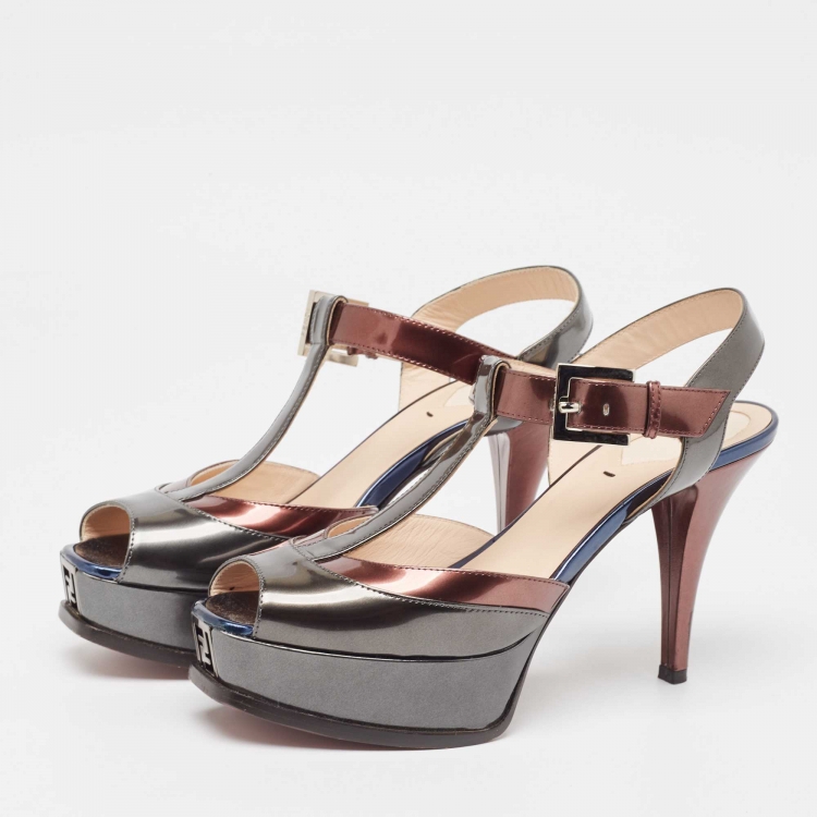 Pre Owned Fendi Tricolor Metallic Leather Platform T-Bar Ankle Strap Sandals Size 39
