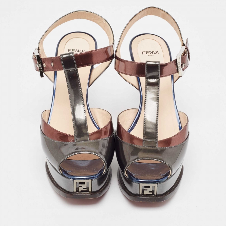 Pre Owned Fendi Tricolor Metallic Leather Platform T-Bar Ankle Strap Sandals Size 39