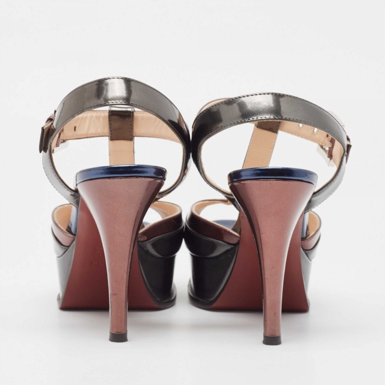 Pre Owned Fendi Tricolor Metallic Leather Platform T-Bar Ankle Strap Sandals Size 39
