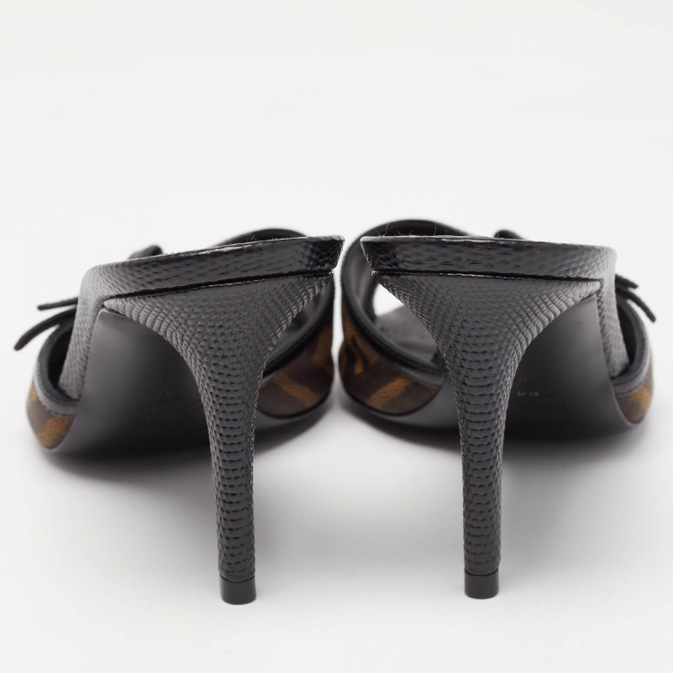 Pre Owned Fendi Brown/Black Zucca Canvas and Leather Slide Sandals Size 38