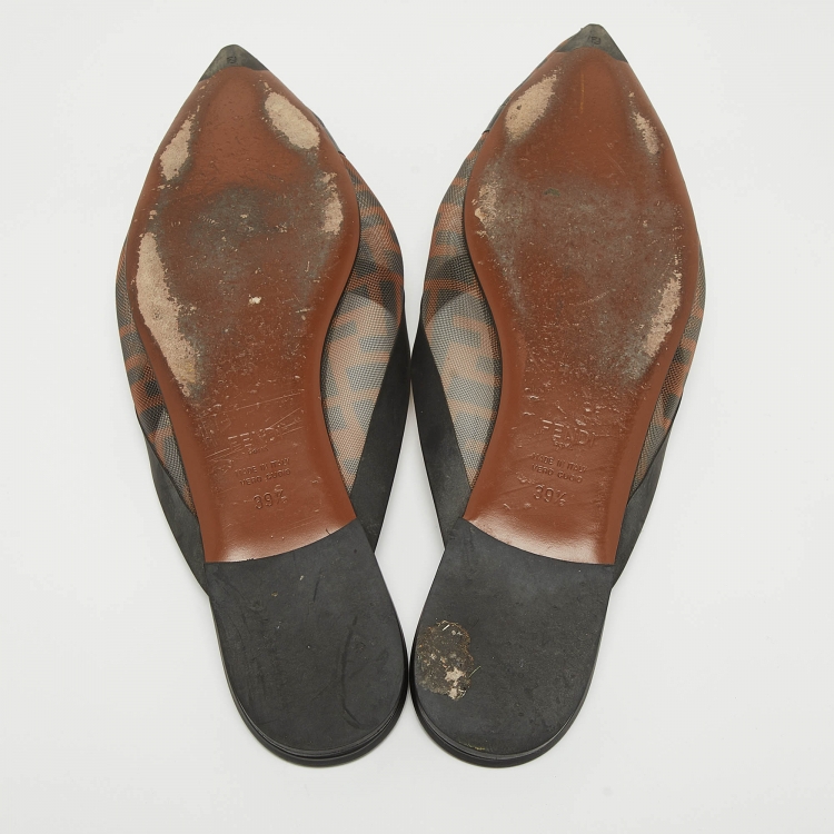 Pre Owned Fendi Brown/Black Zucca Mesh and Leather Colibri Flat Mules Size 39.5