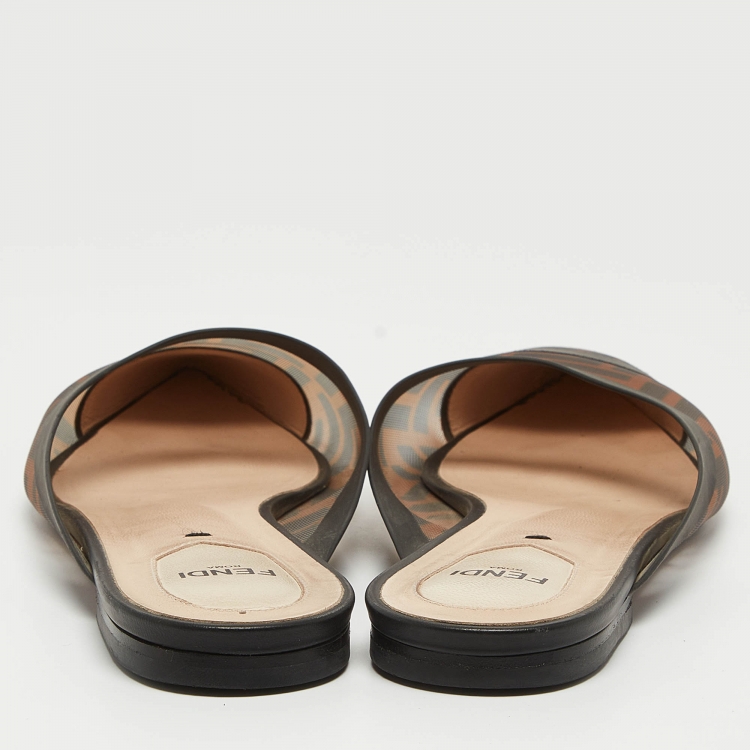 Pre Owned Fendi Brown/Black Zucca Mesh and Leather Colibri Flat Mules Size 39.5