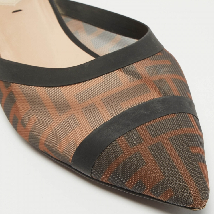 Pre Owned Fendi Brown/Black Zucca Mesh and Leather Colibri Flat Mules Size 39.5