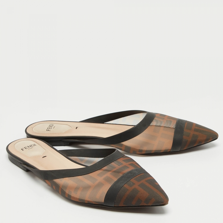 Pre Owned Fendi Brown/Black Zucca Mesh and Leather Colibri Flat Mules Size 39.5