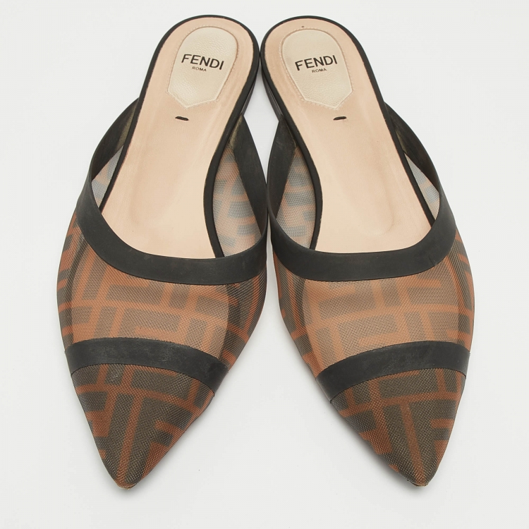 Pre Owned Fendi Brown/Black Zucca Mesh and Leather Colibri Flat Mules Size 39.5
