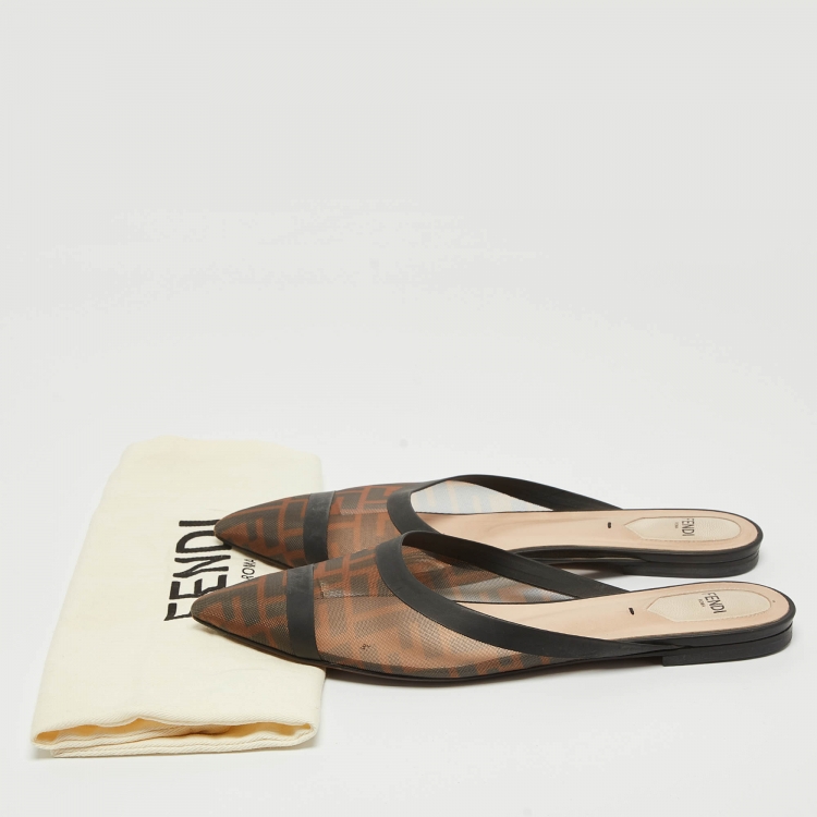 Pre Owned Fendi Brown/Black Zucca Mesh and Leather Colibri Flat Mules Size 39.5