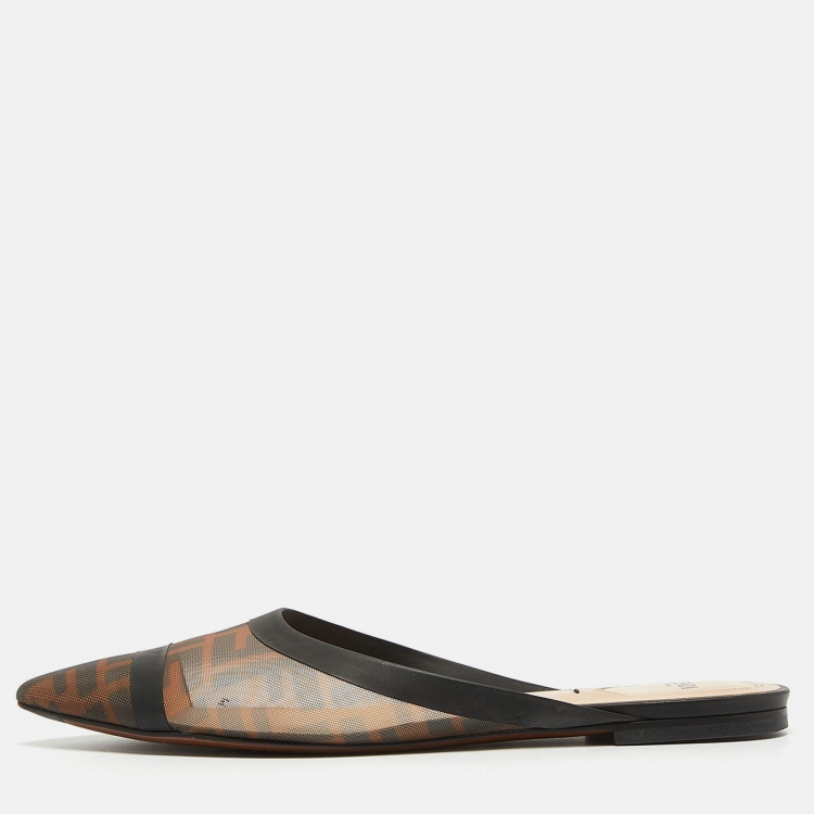 Pre Owned Fendi Brown/Black Zucca Mesh and Leather Colibri Flat Mules Size 39.5