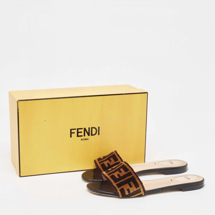 Pre Owned Fendi Brown Zucca Velvet Flat Slides Size 39