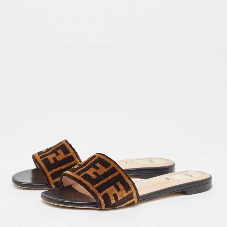 Pre Owned Fendi Brown Zucca Velvet Flat Slides Size 39