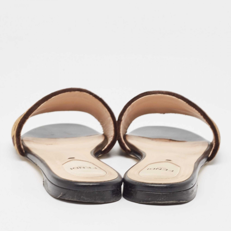 Pre Owned Fendi Brown Zucca Velvet Flat Slides Size 39