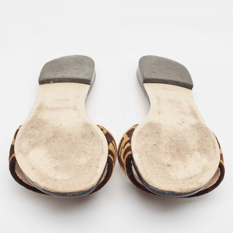 Pre Owned Fendi Brown Zucca Velvet Flat Slides Size 39