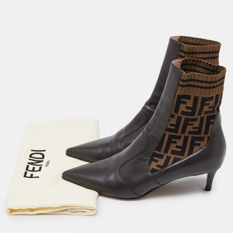Pre Owned Fendi Dark Brown Leather and FF Logo Fabric Pointed Toe Ankle Booties Size 40