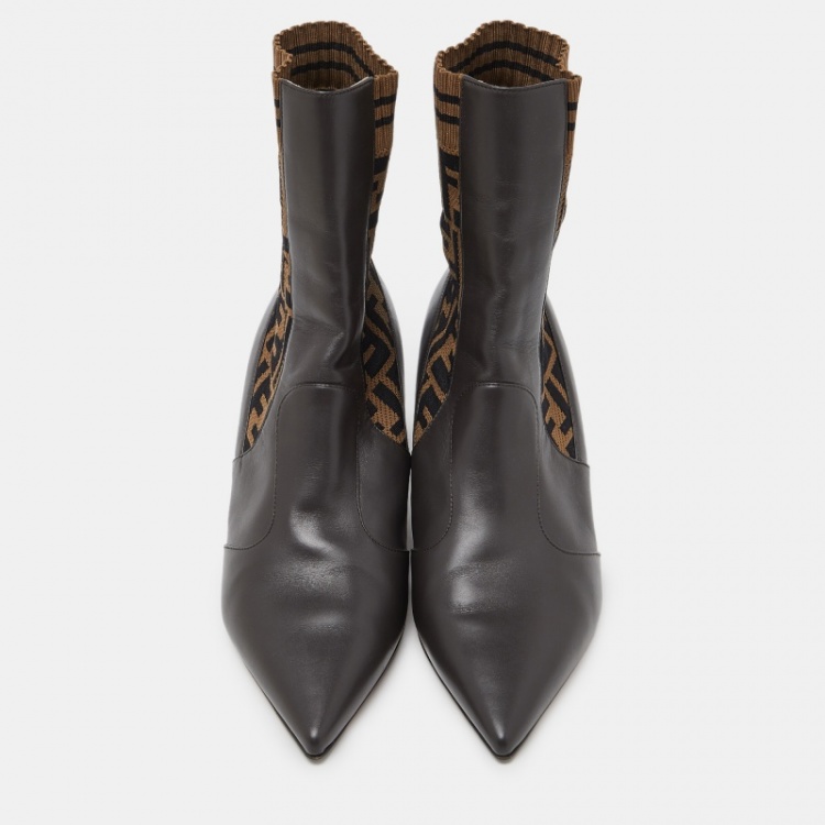 Pre Owned Fendi Dark Brown Leather and FF Logo Fabric Pointed Toe Ankle Booties Size 40