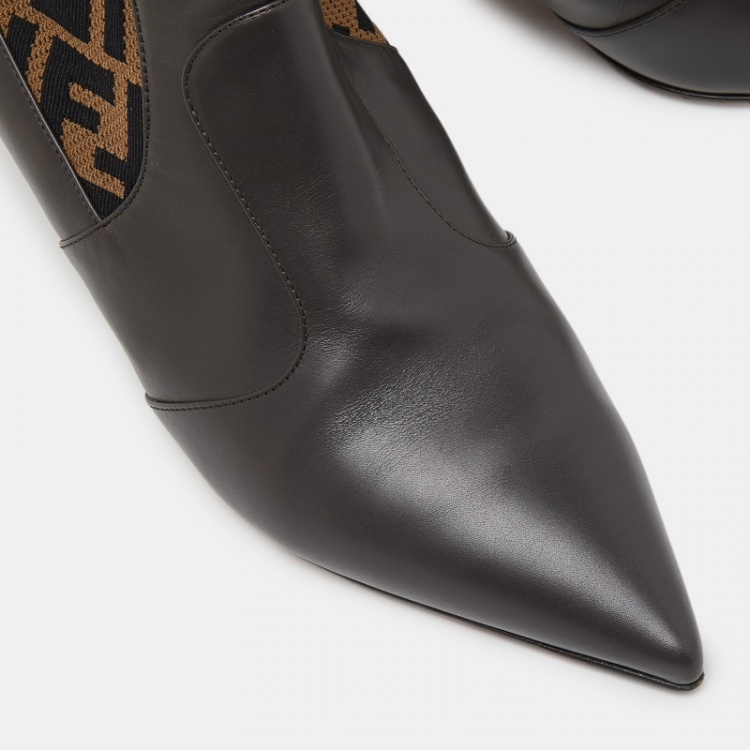 Pre Owned Fendi Dark Brown Leather and FF Logo Fabric Pointed Toe Ankle Booties Size 40