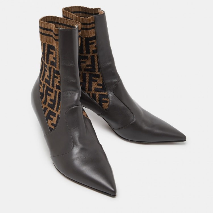 Pre Owned Fendi Dark Brown Leather and FF Logo Fabric Pointed Toe Ankle Booties Size 40