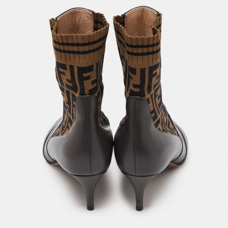 Pre Owned Fendi Dark Brown Leather and FF Logo Fabric Pointed Toe Ankle Booties Size 40