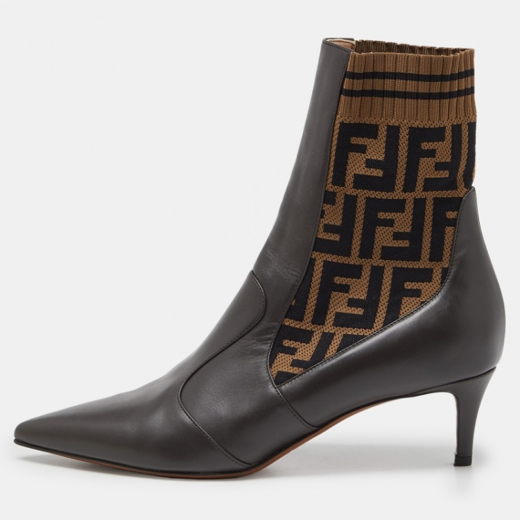 Pre Owned Fendi Dark Brown Leather and FF Logo Fabric Pointed Toe Ankle Booties Size 40