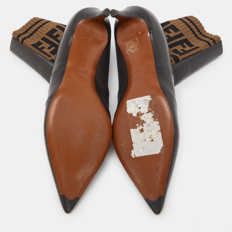Pre Owned Fendi Dark Brown Leather and FF Logo Fabric Pointed Toe Ankle Booties Size 40