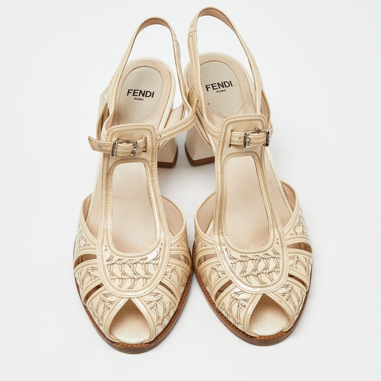 Pre Owned Fendi Beige Printed Patent Leather Block Heel Ankle Strap Sandals Size 39