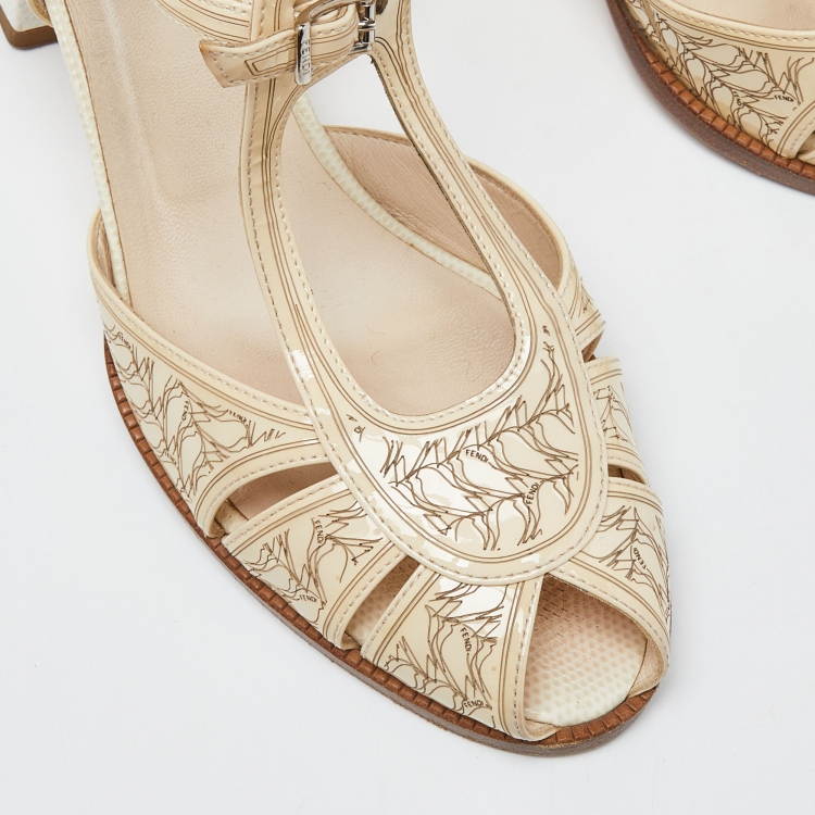 Pre Owned Fendi Beige Printed Patent Leather Block Heel Ankle Strap Sandals Size 39