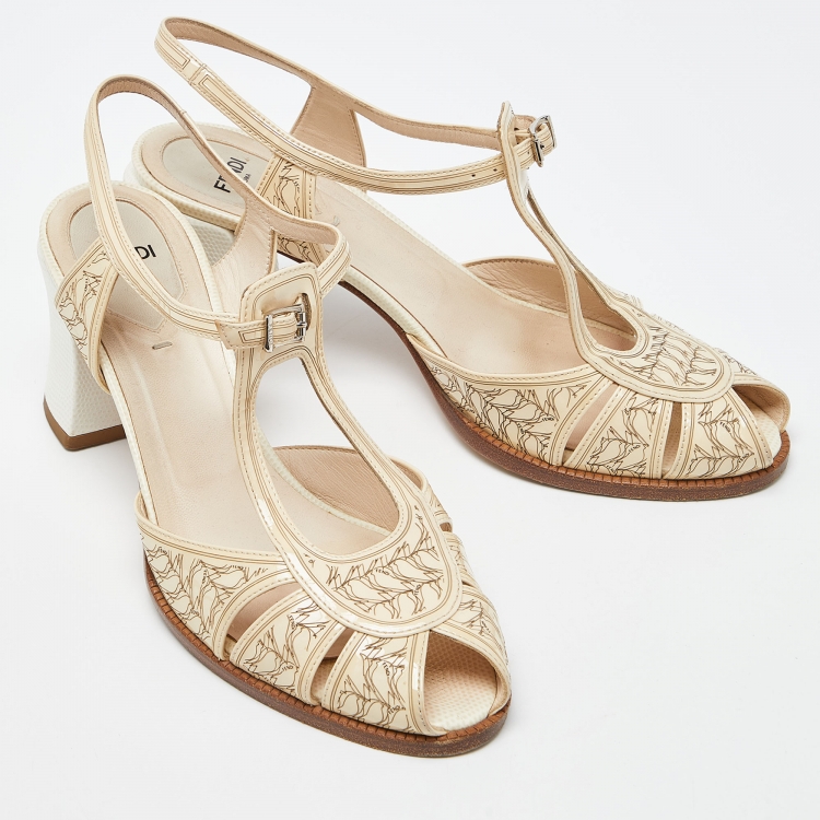 Pre Owned Fendi Beige Printed Patent Leather Block Heel Ankle Strap Sandals Size 39