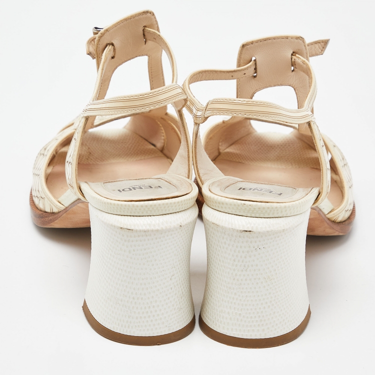 Pre Owned Fendi Beige Printed Patent Leather Block Heel Ankle Strap Sandals Size 39