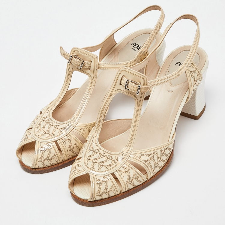 Pre Owned Fendi Beige Printed Patent Leather Block Heel Ankle Strap Sandals Size 39