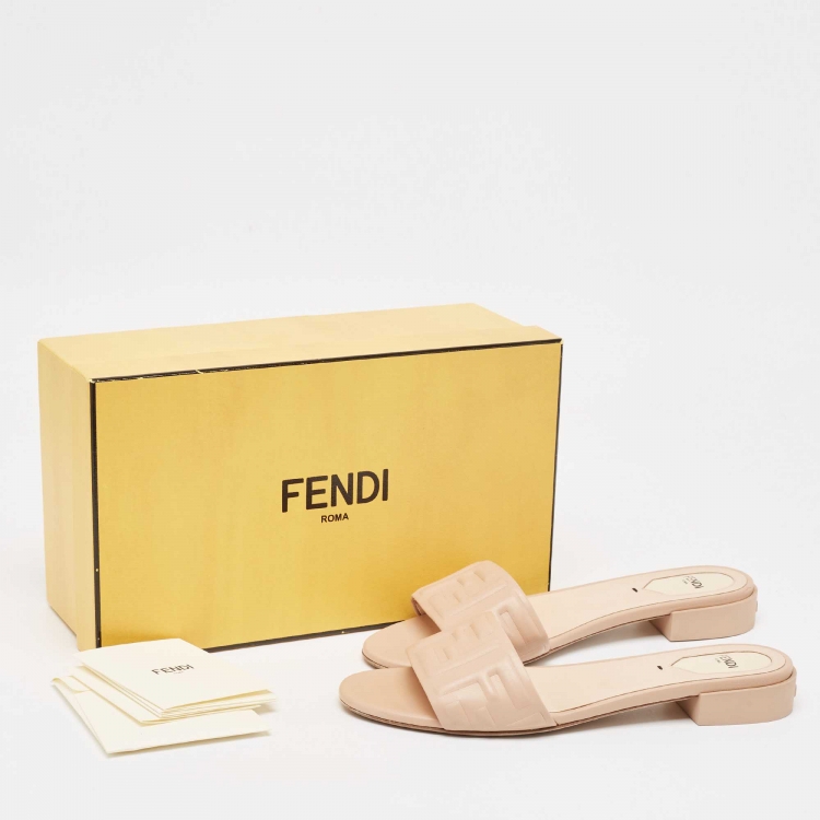Pre Owned Fendi Dusty Pink FF Embossed Leather Flat Slides Size 39.5