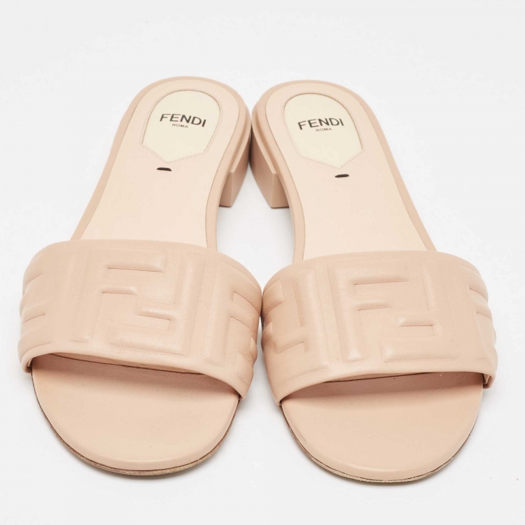 Pre Owned Fendi Dusty Pink FF Embossed Leather Flat Slides Size 39.5