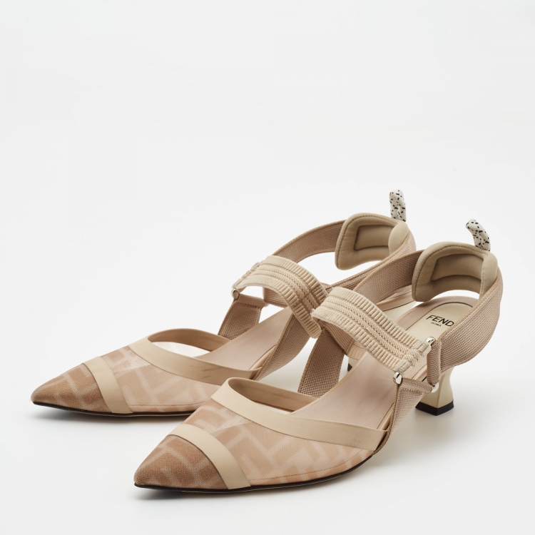 Pre Owned Fendi Beige Zucca Mesh and Fabric Colibri Slingback Pumps Size 40