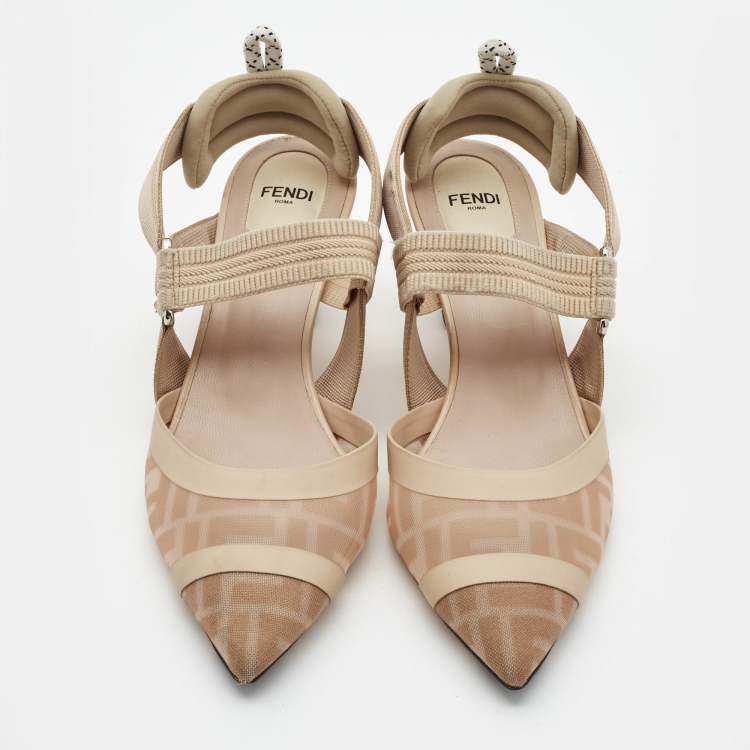 Pre Owned Fendi Beige Zucca Mesh and Fabric Colibri Slingback Pumps Size 40