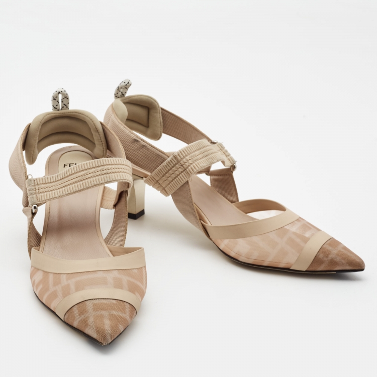 Pre Owned Fendi Beige Zucca Mesh and Fabric Colibri Slingback Pumps Size 40