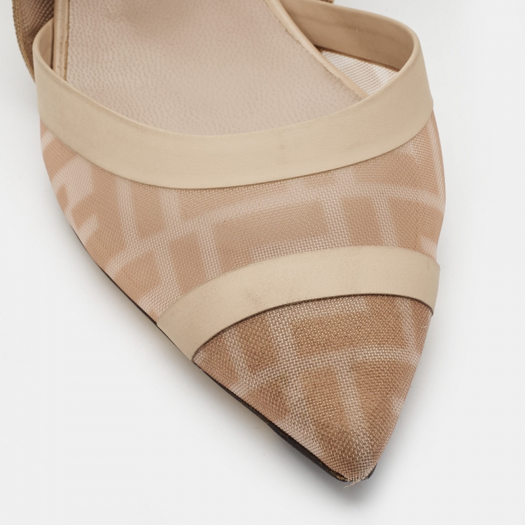 Pre Owned Fendi Beige Zucca Mesh and Fabric Colibri Slingback Pumps Size 40