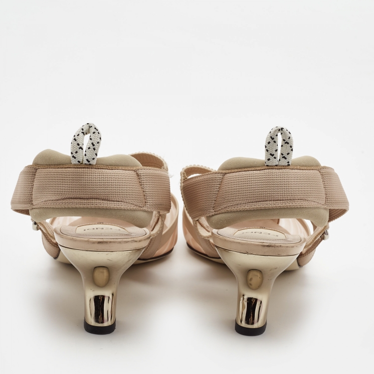 Pre Owned Fendi Beige Zucca Mesh and Fabric Colibri Slingback Pumps Size 40