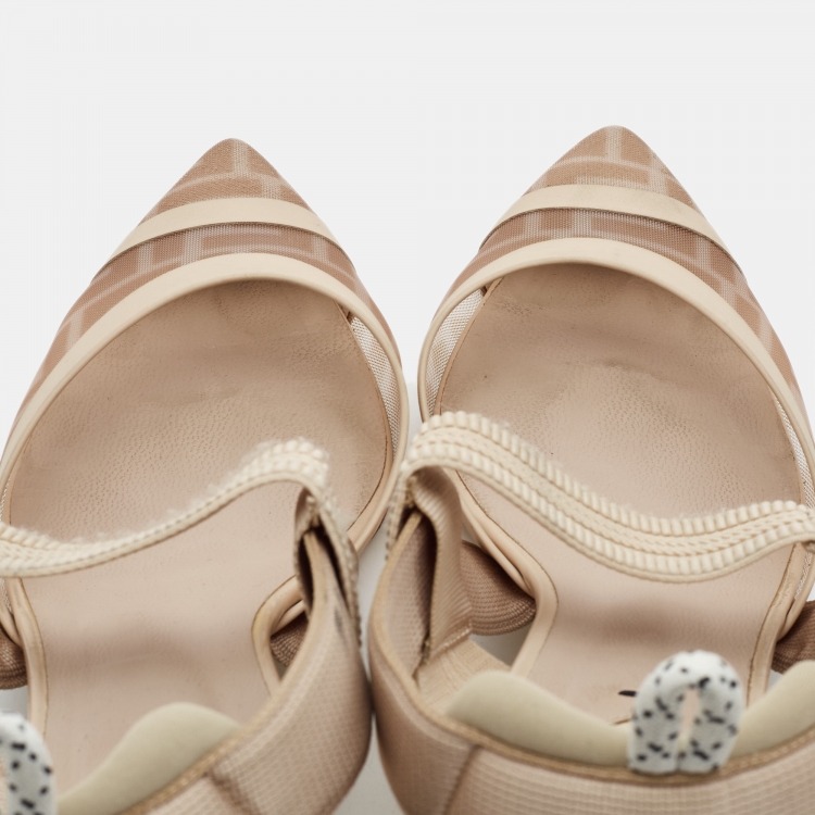 Pre Owned Fendi Beige Zucca Mesh and Fabric Colibri Slingback Pumps Size 40