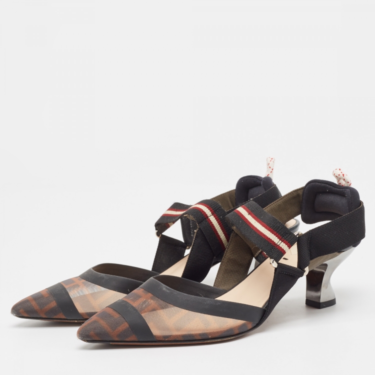 Pre Owned Fendi Brown/Black Zucca Mesh and Leather Colibri Pumps Size 37.5