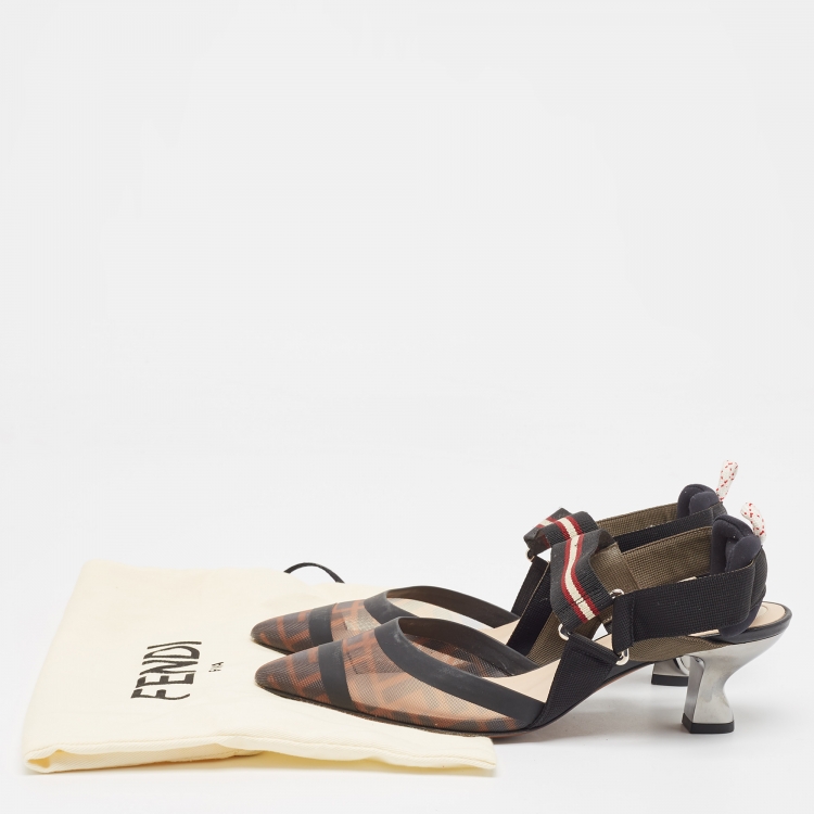 Pre Owned Fendi Brown/Black Zucca Mesh and Leather Colibri Pumps Size 37.5