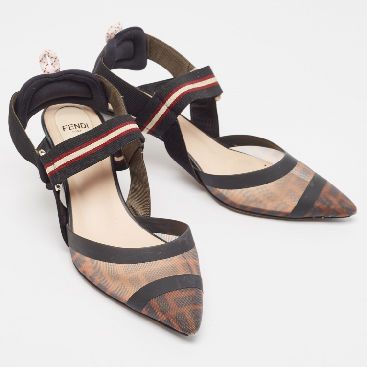 Pre Owned Fendi Brown/Black Zucca Mesh and Leather Colibri Pumps Size 37.5