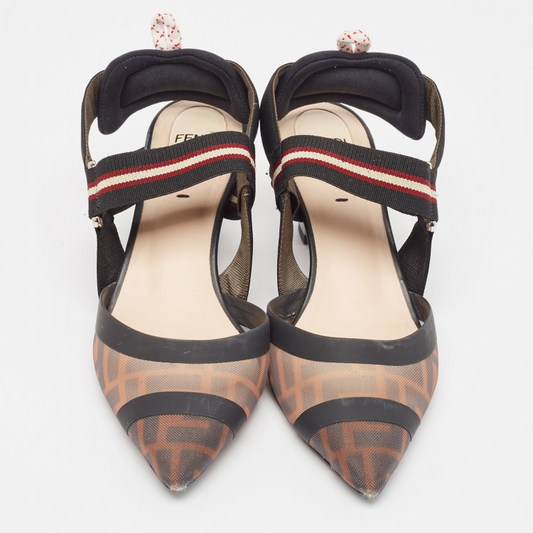 Pre Owned Fendi Brown/Black Zucca Mesh and Leather Colibri Pumps Size 37.5