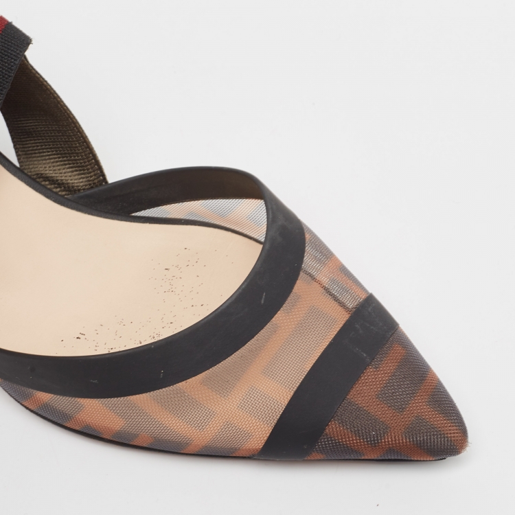 Pre Owned Fendi Brown/Black Zucca Mesh and Leather Colibri Pumps Size 37.5