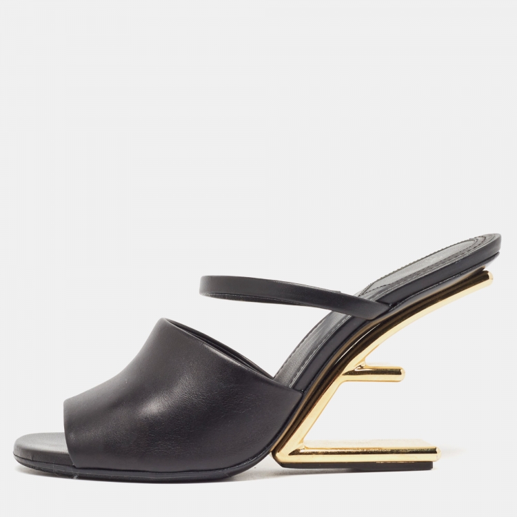 Pre Owned Fendi Black Leather First Heel Slide Sandals Size 39