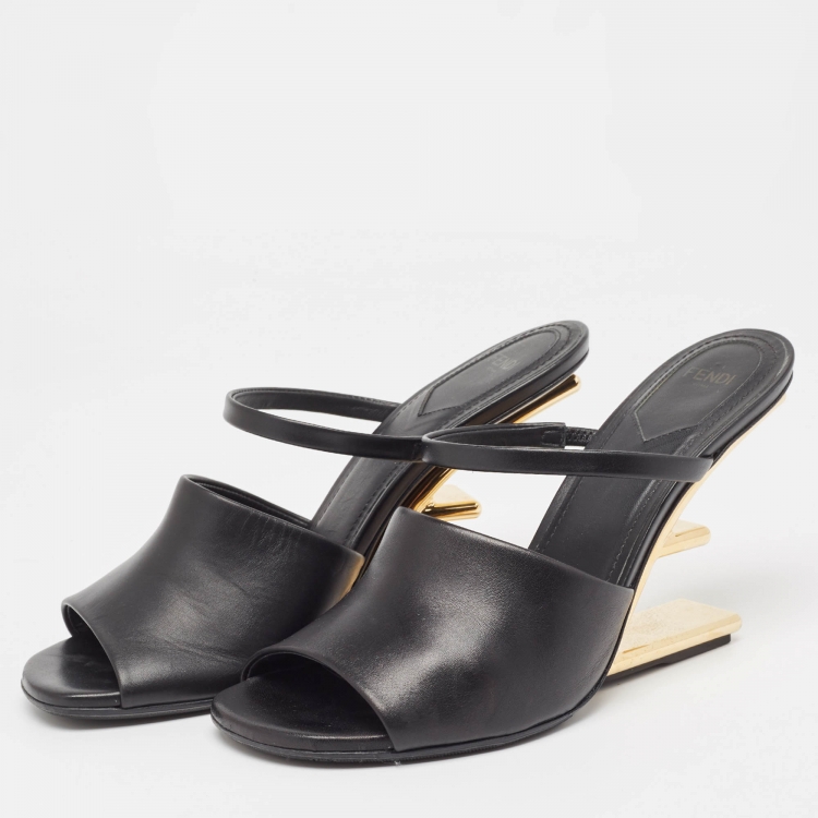 Pre Owned Fendi Black Leather First Heel Slide Sandals Size 39