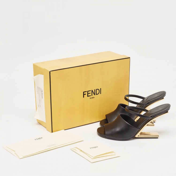 Pre Owned Fendi Black Leather First Heel Slide Sandals Size 39