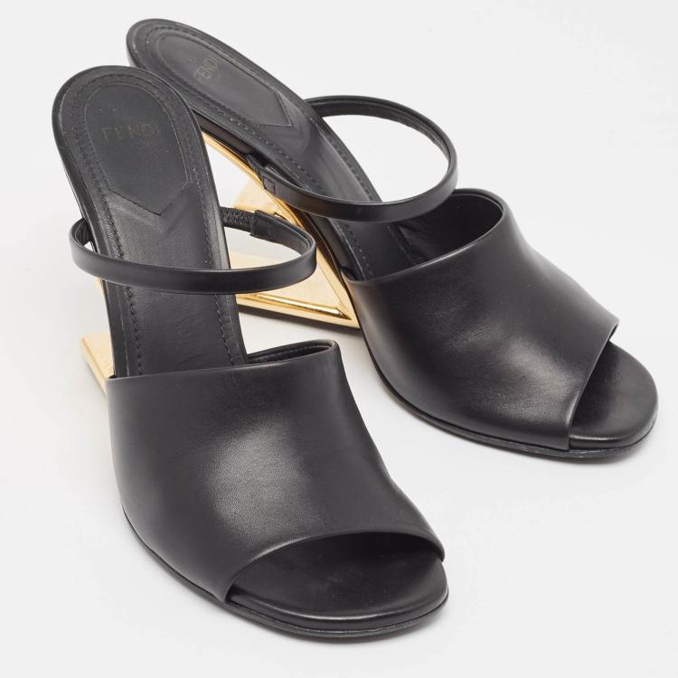 Pre Owned Fendi Black Leather First Heel Slide Sandals Size 39