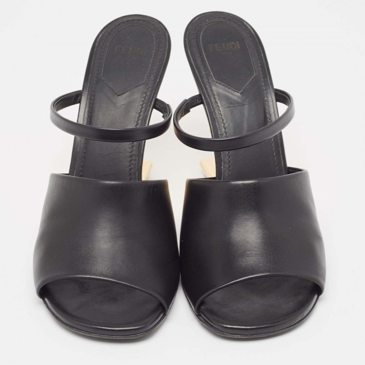 Pre Owned Fendi Black Leather First Heel Slide Sandals Size 39