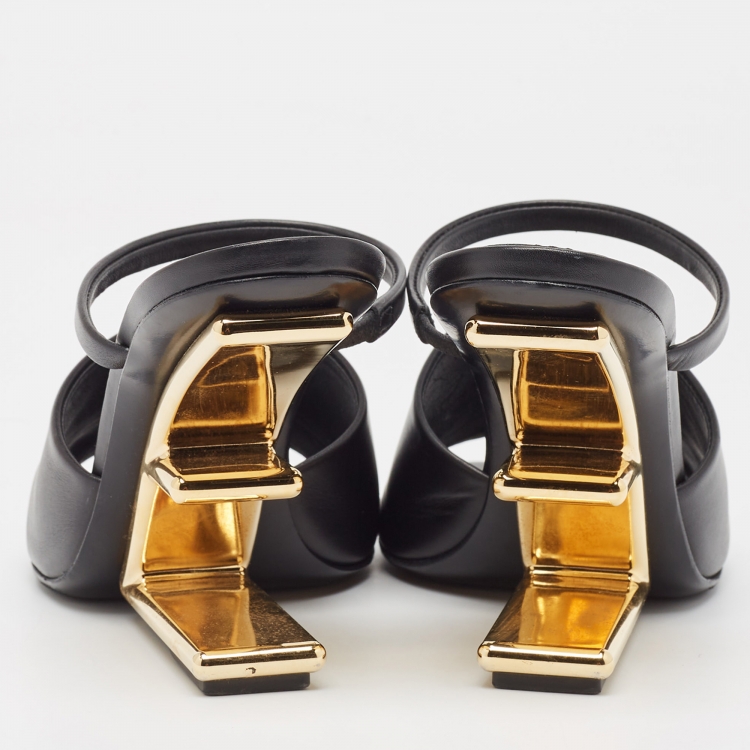 Pre Owned Fendi Black Leather First Heel Slide Sandals Size 39